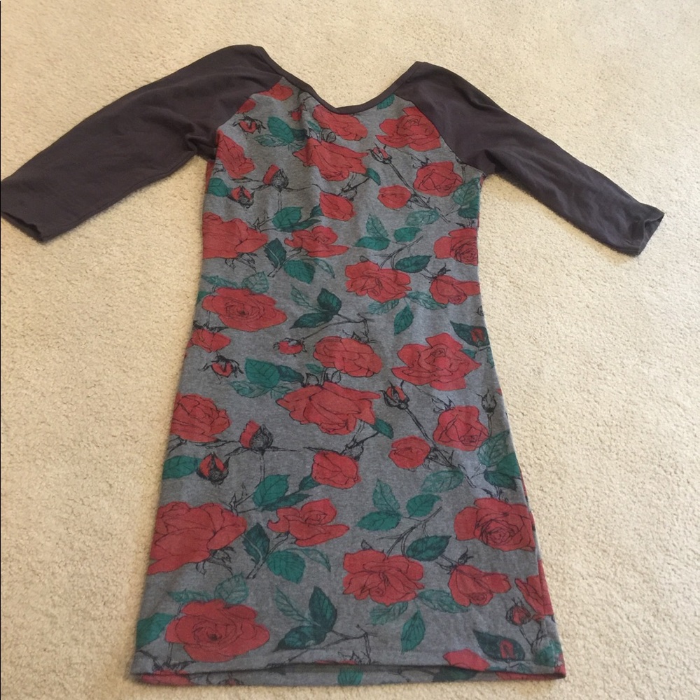 Obey Gray Mini Dress with Red Rose Print and Dark Gray Sleeves